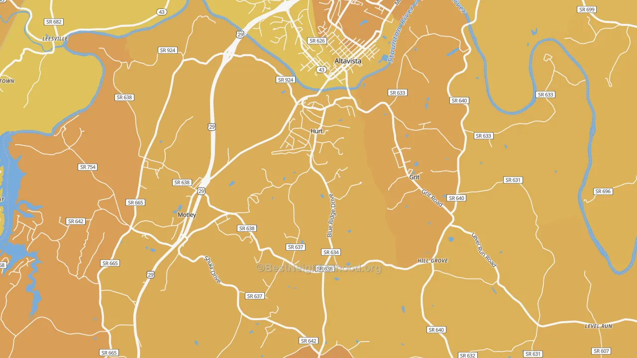 Map of the best neighborhoods in the Hurt area, with better matches in green and worse matches in red