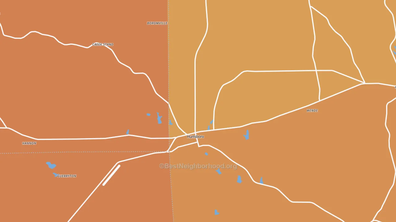 Map of the best neighborhoods in the Hurtsboro area, with better matches in green and worse matches in red