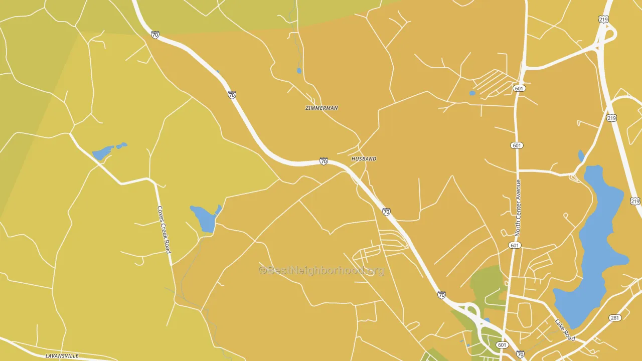 Map of the best neighborhoods in the Husband area, with better matches in green and worse matches in red