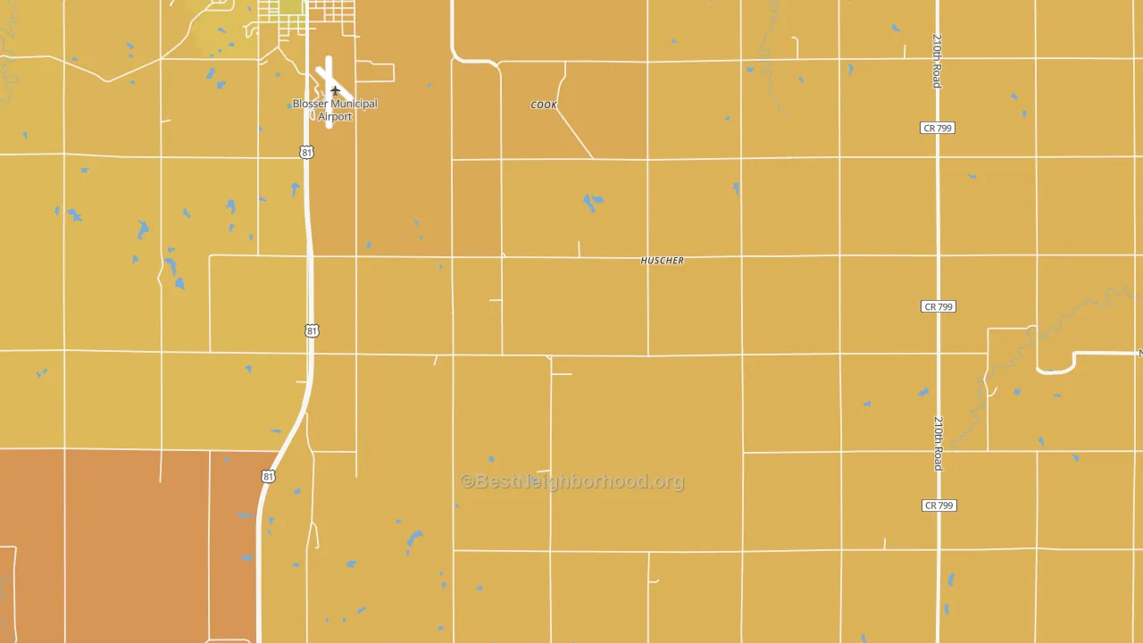 Map of the best neighborhoods in the Huscher area, with better matches in green and worse matches in red