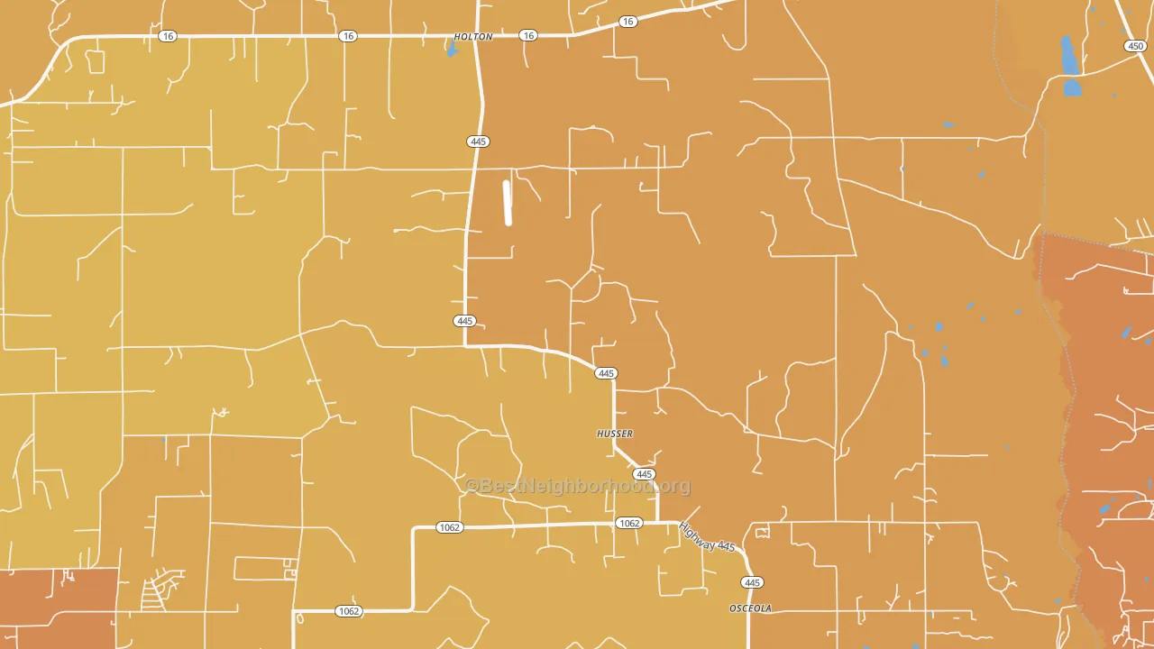 Map of the best neighborhoods in the Husser area, with better matches in green and worse matches in red