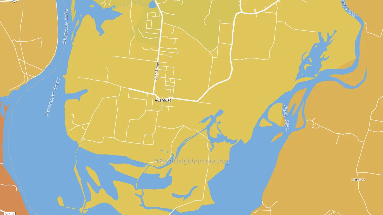 Map of the best neighborhoods in the Hustburg area, with better matches in green and worse matches in red