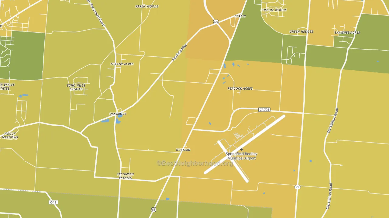 Map of the best neighborhoods in the Hustead area, with better matches in green and worse matches in red