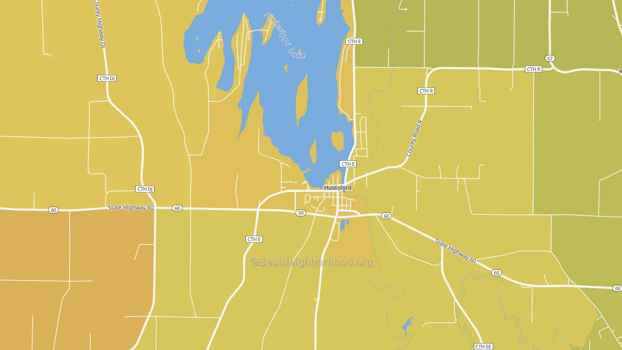 Map of the best neighborhoods in the Hustisford area, with better matches in green and worse matches in red