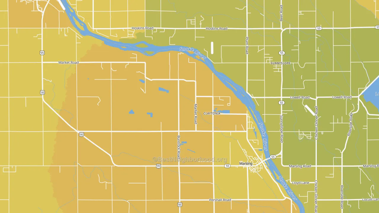 Map of the best neighborhoods in the Huston area, with better matches in green and worse matches in red