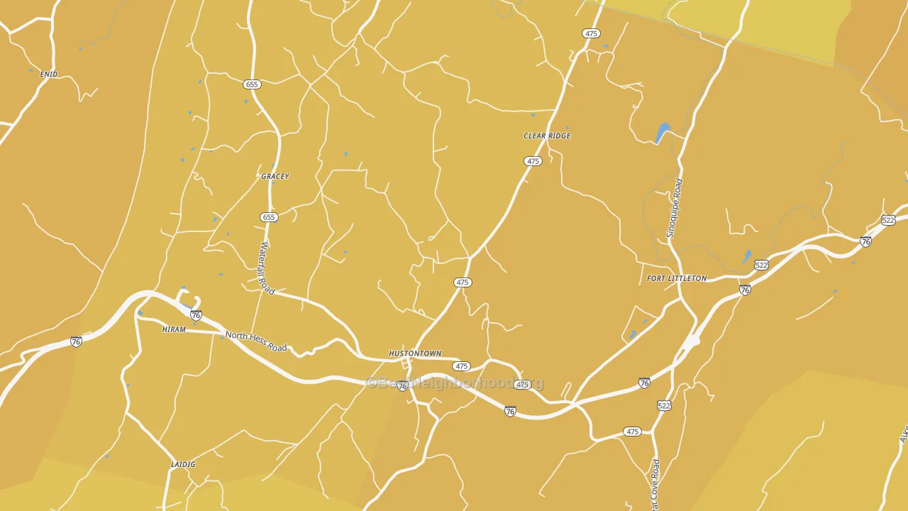 Map of the best neighborhoods in the Hustontown area, with better matches in green and worse matches in red