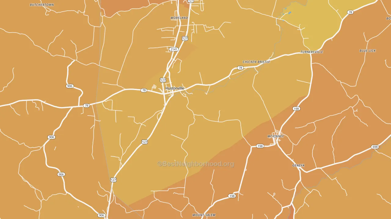 Map of the best neighborhoods in the Hustonville area, with better matches in green and worse matches in red