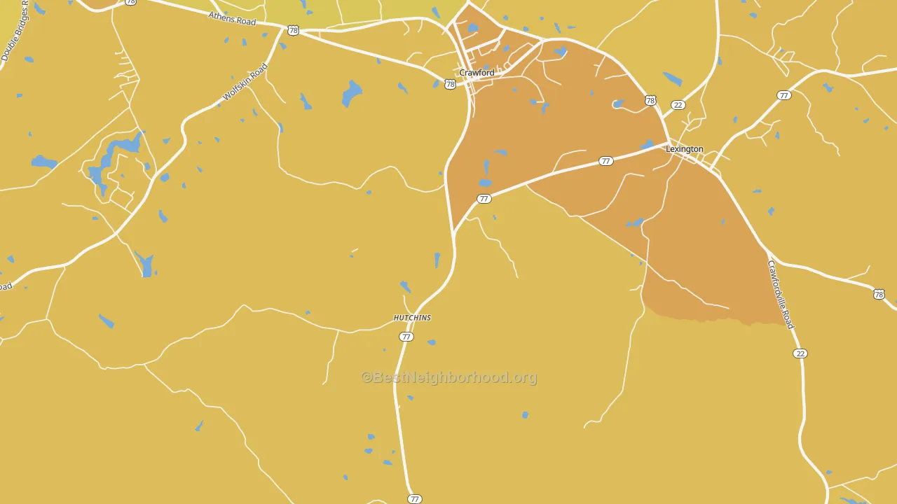 Map of the best neighborhoods in the Hutchins area, with better matches in green and worse matches in red