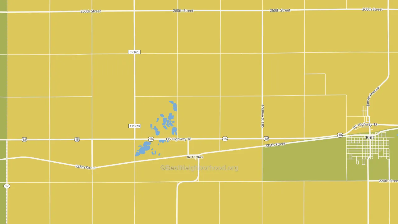 Map of the best neighborhoods in the Hutchins area, with better matches in green and worse matches in red