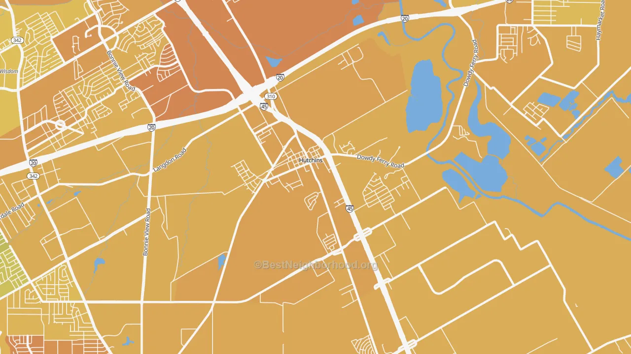 Map of the best neighborhoods in the Hutchins area, with better matches in green and worse matches in red