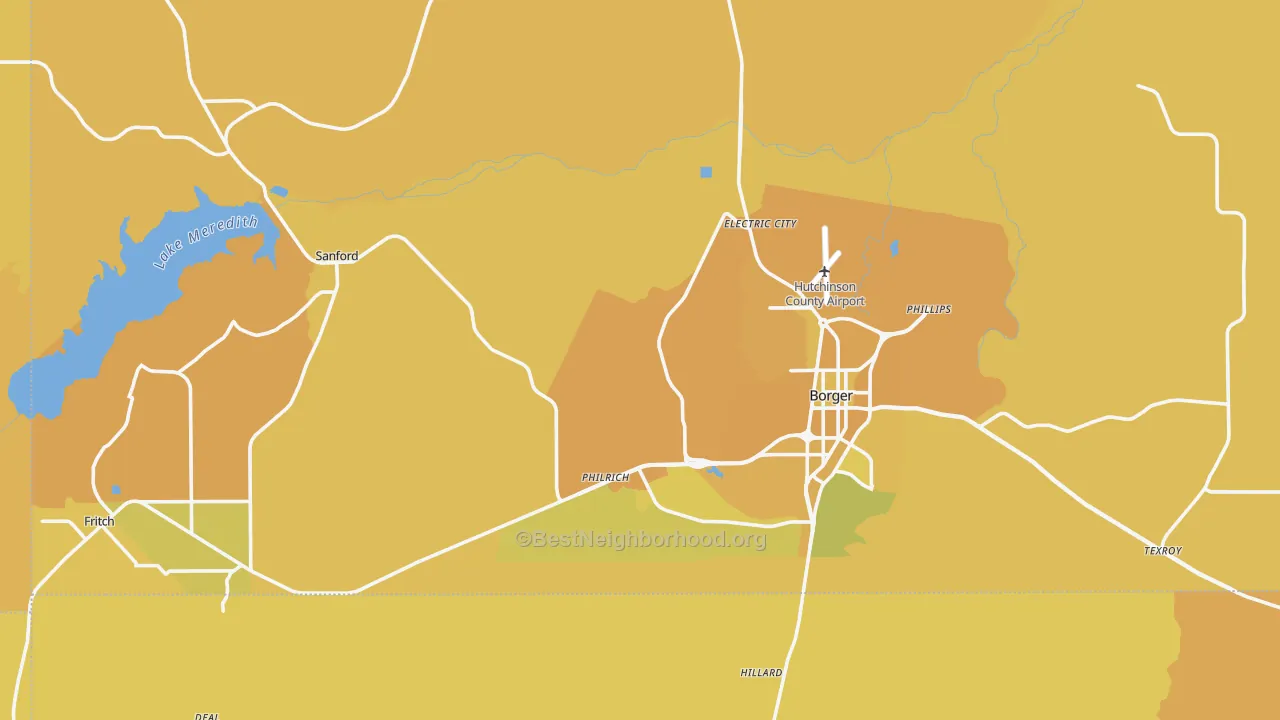 Map of the best neighborhoods in the Hutchinson County area, with better matches in green and worse matches in red