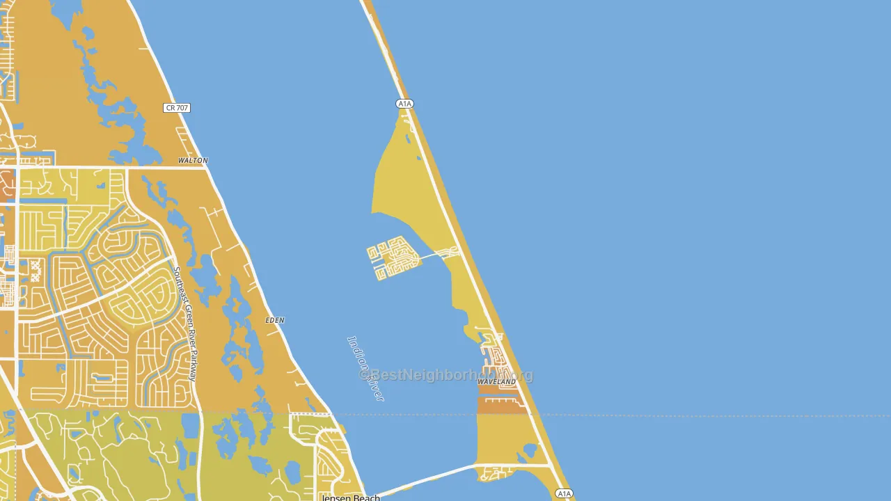 Map of the best neighborhoods in the Hutchinson Island South area, with better matches in green and worse matches in red