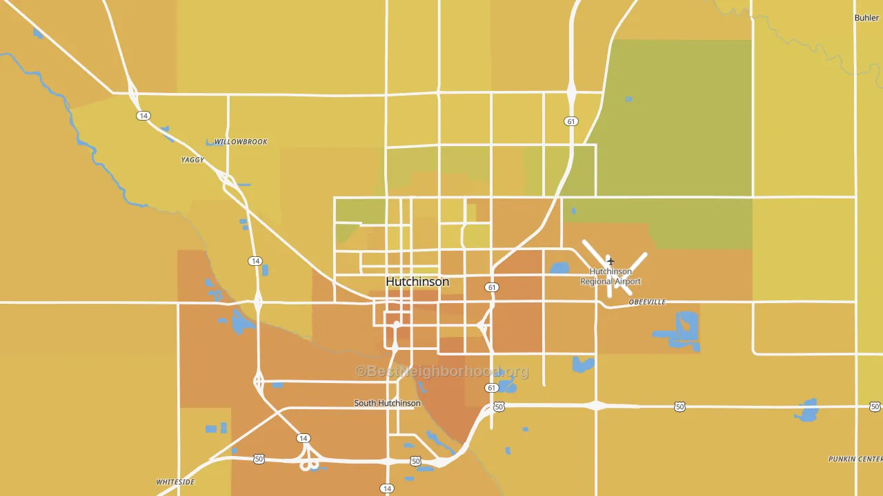 Map of the best neighborhoods in the Hutchinson area, with better matches in green and worse matches in red