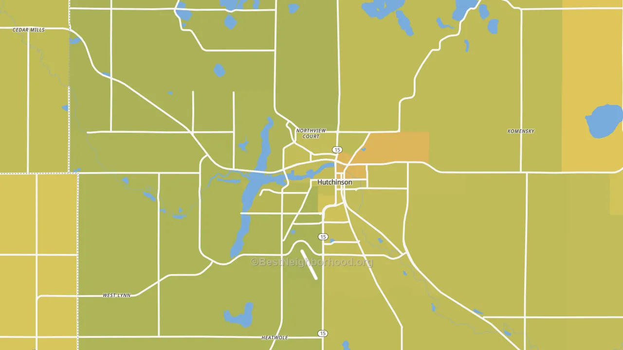 Map of the best neighborhoods in the Hutchinson area, with better matches in green and worse matches in red