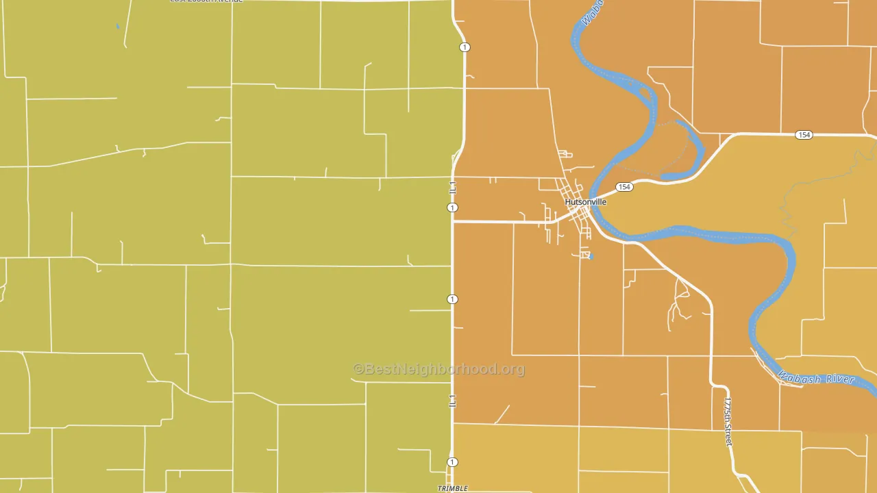 Map of the best neighborhoods in the Hutsonville area, with better matches in green and worse matches in red