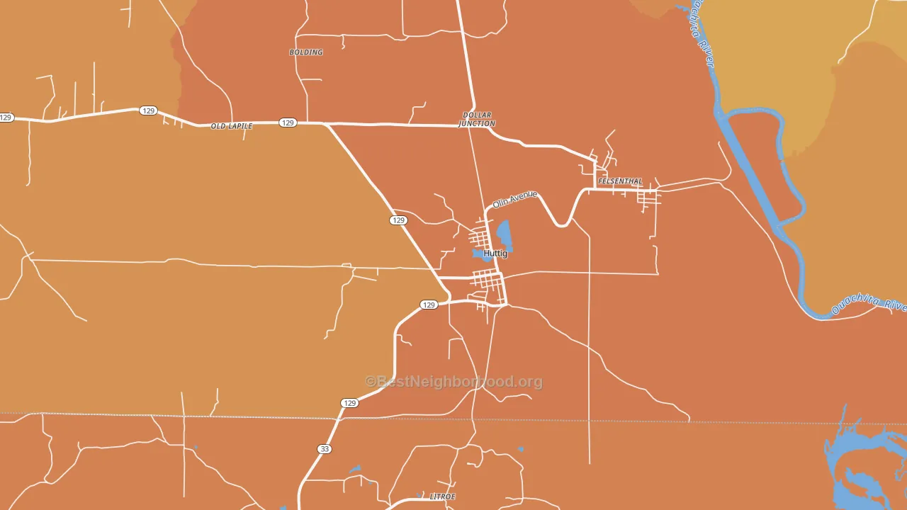 Map of the best neighborhoods in the Huttig area, with better matches in green and worse matches in red