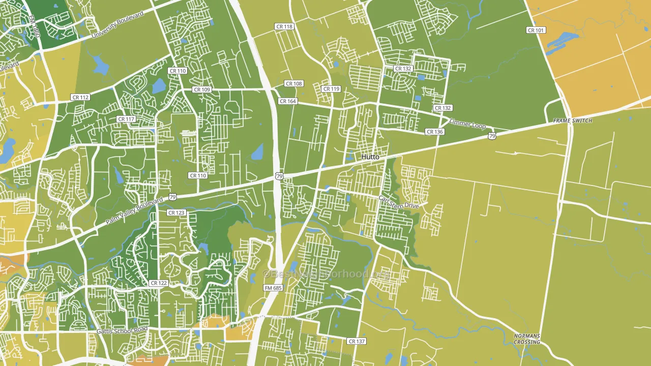 Map of the best neighborhoods in the Hutto area, with better matches in green and worse matches in red