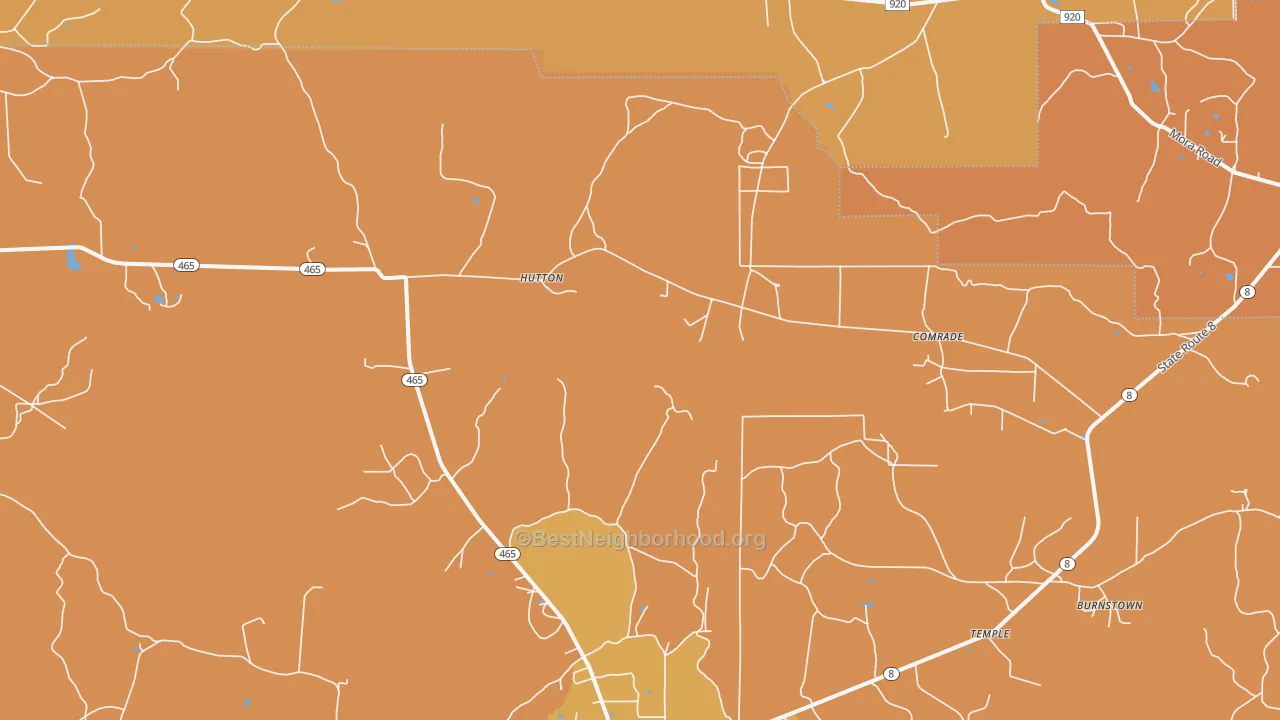 Map of the best neighborhoods in the Hutton area, with better matches in green and worse matches in red