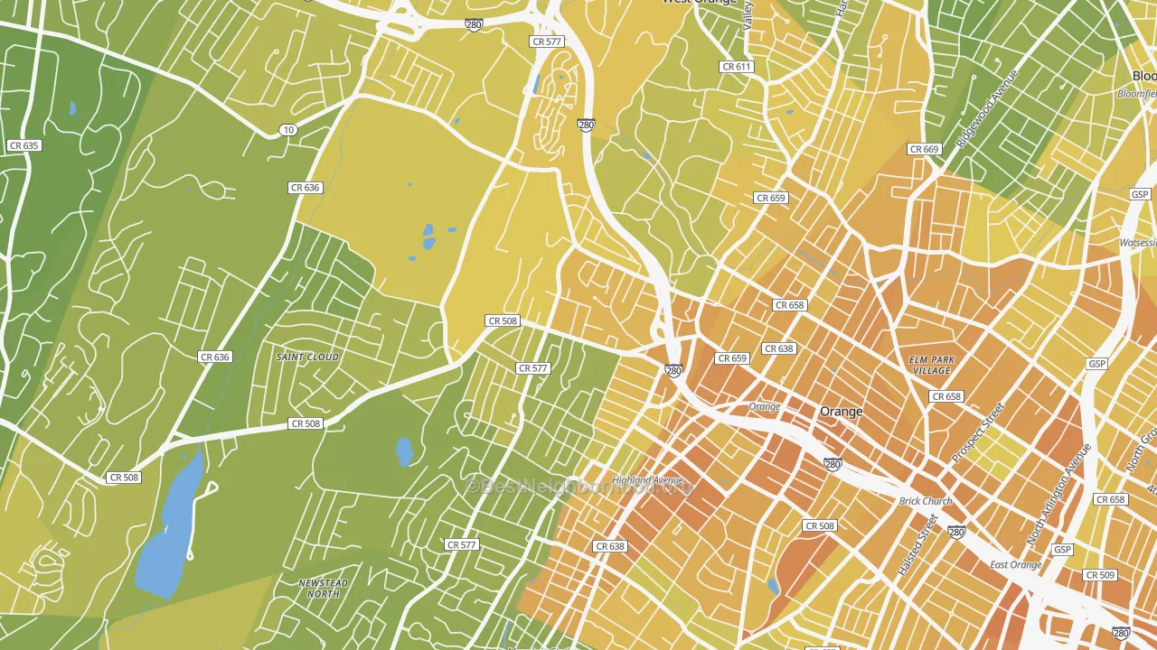 Map of the best neighborhoods in the Hutton Park, West Orange area, with better matches in green and worse matches in red