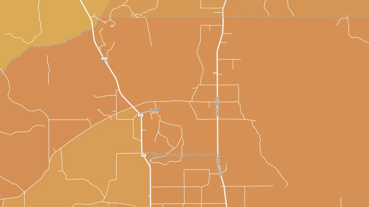 Map of the best neighborhoods in the Huxford area, with better matches in green and worse matches in red