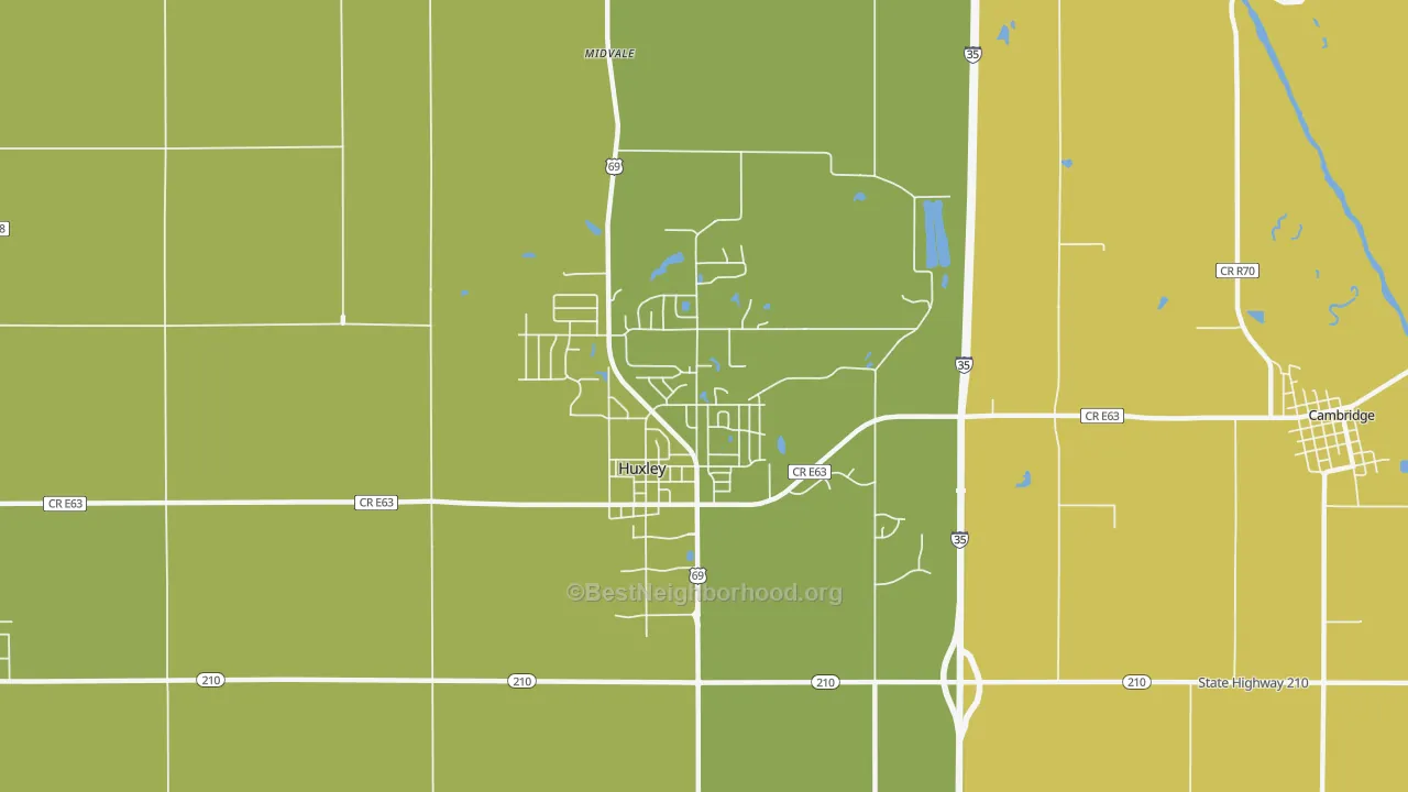 Map of the best neighborhoods in the Huxley area, with better matches in green and worse matches in red