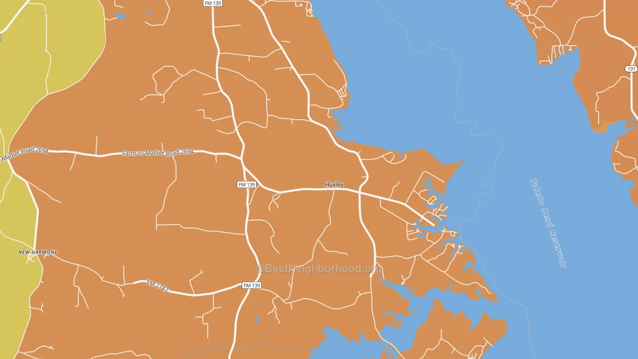 Map of the best neighborhoods in the Huxley area, with better matches in green and worse matches in red