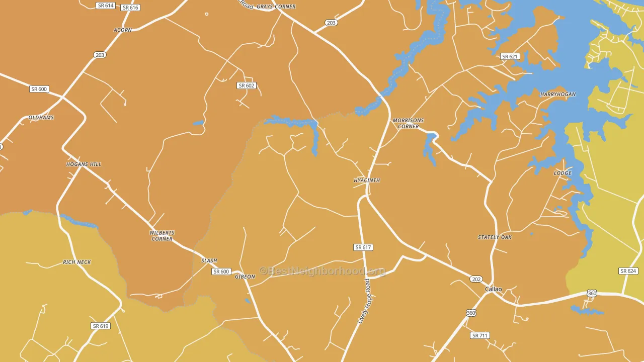 Map of the best neighborhoods in the Hyacinth area, with better matches in green and worse matches in red