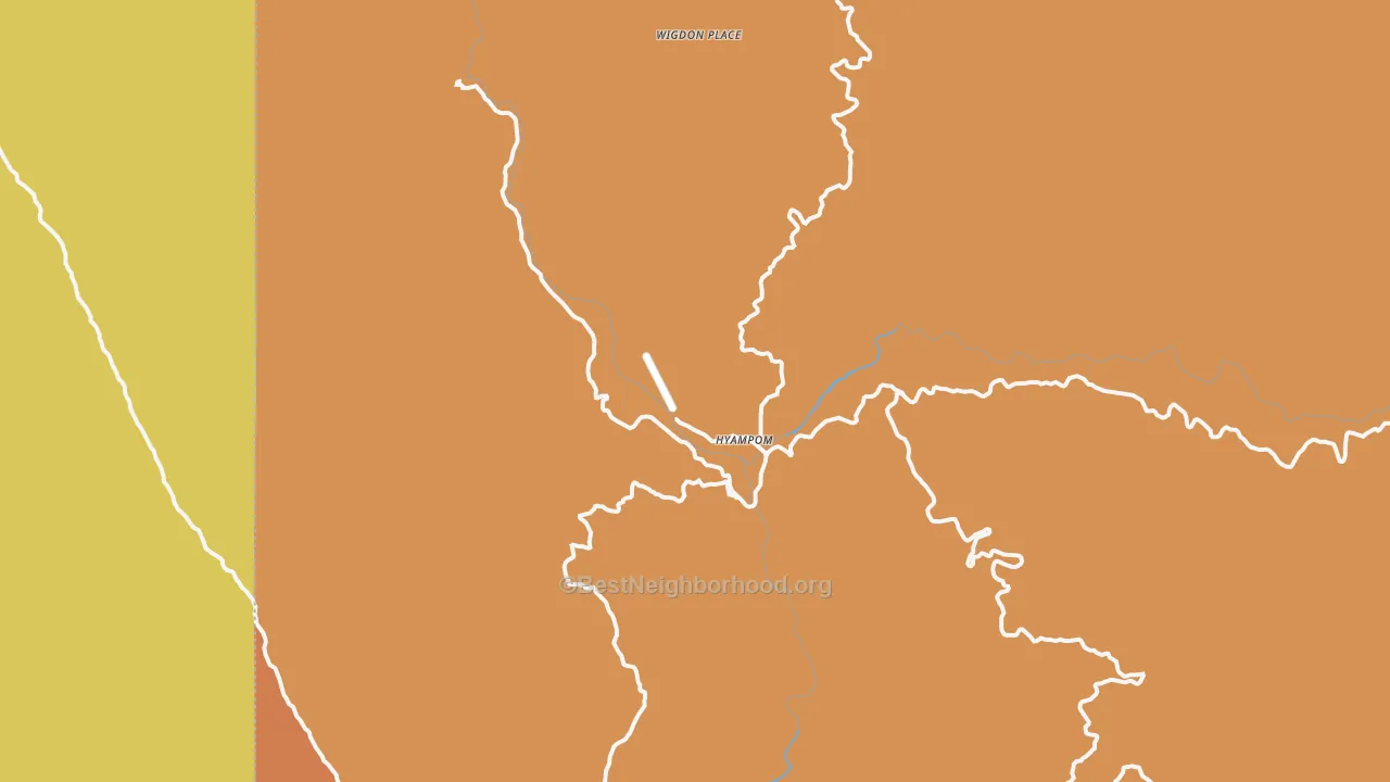 Map of the best neighborhoods in the Hyampom area, with better matches in green and worse matches in red