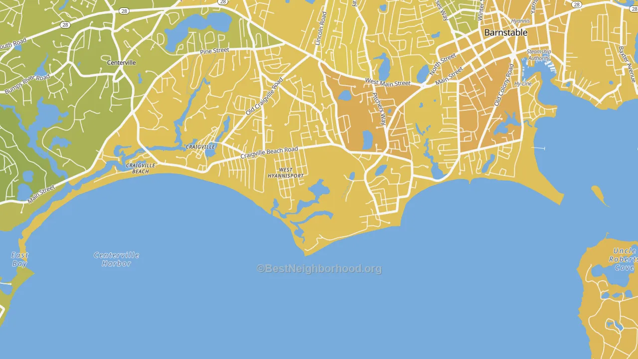 Map of the best neighborhoods in the Hyannis Port area, with better matches in green and worse matches in red