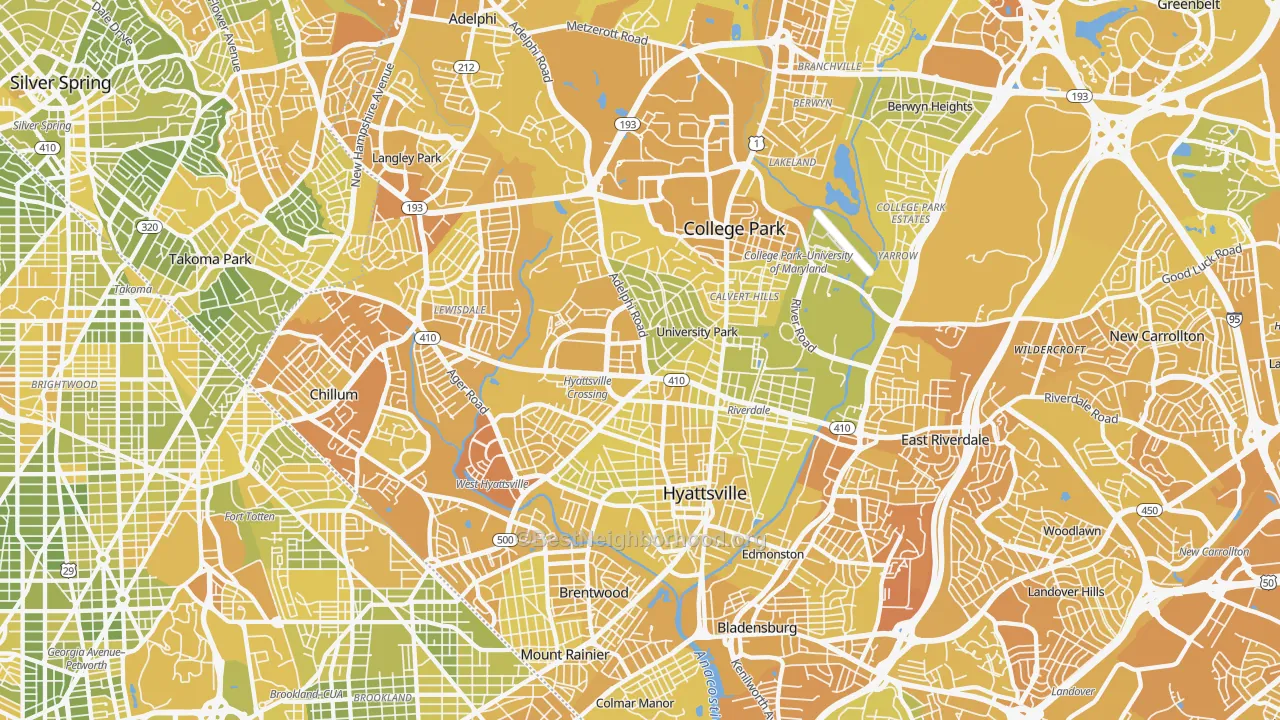 Map of the best neighborhoods in the Hyattsville area, with better matches in green and worse matches in red