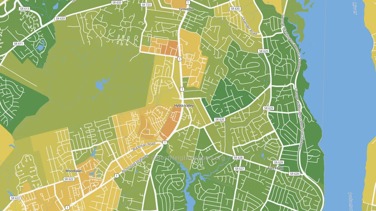 Map of the best neighborhoods in the Hybla Valley, Alexandria area, with better matches in green and worse matches in red