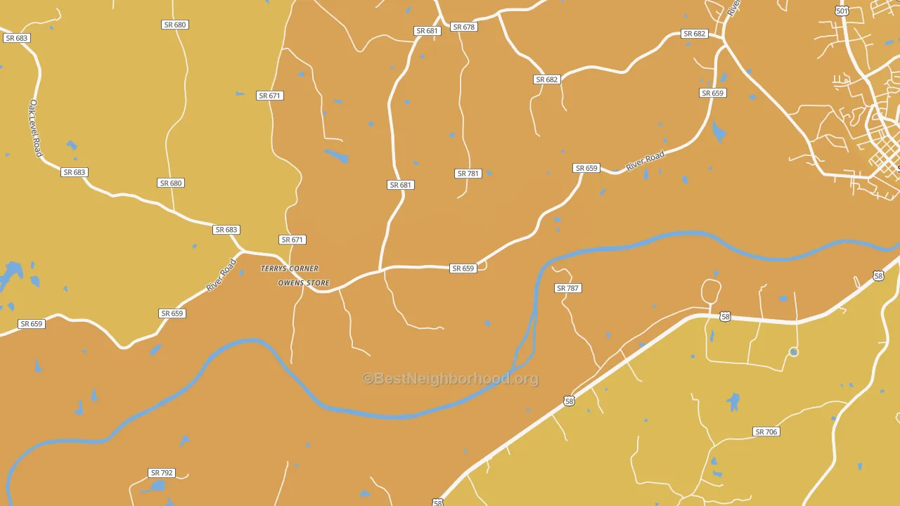 Map of the best neighborhoods in the Hyco area, with better matches in green and worse matches in red
