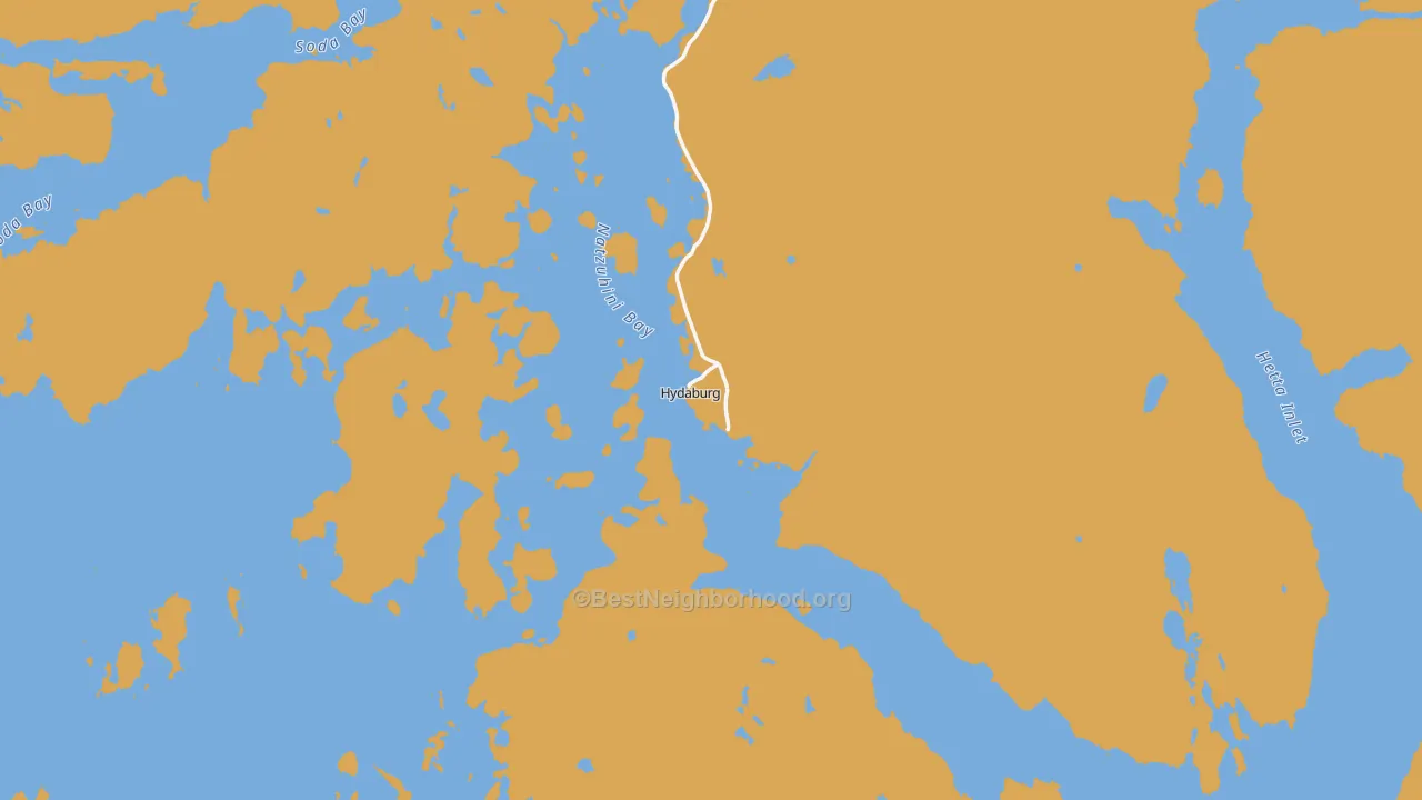 Map of the best neighborhoods in the Hydaburg area, with better matches in green and worse matches in red