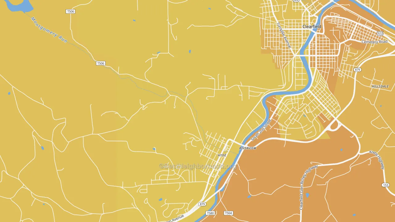 Map of the best neighborhoods in the Hyde area, with better matches in green and worse matches in red