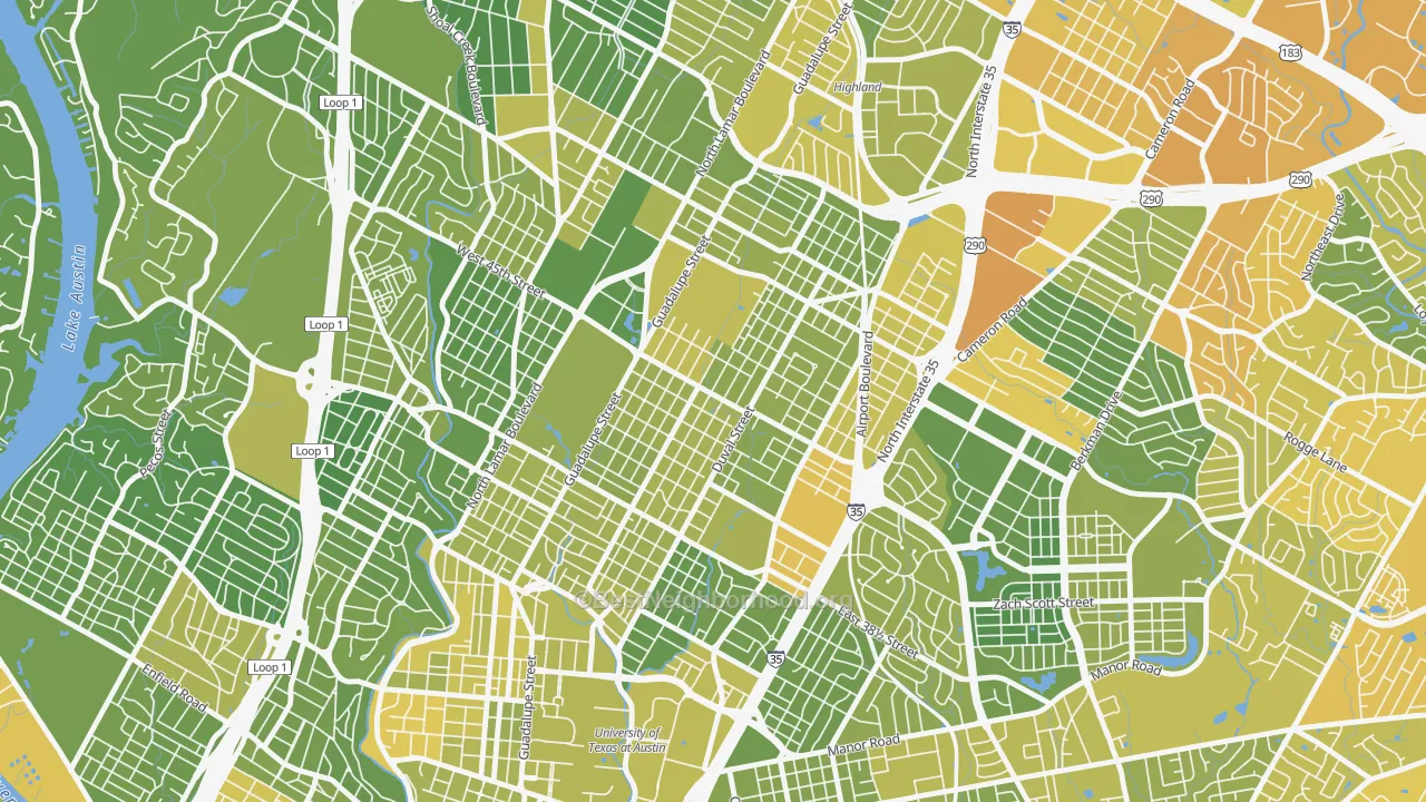 Map of the best neighborhoods in the Hyde Park, Austin area, with better matches in green and worse matches in red