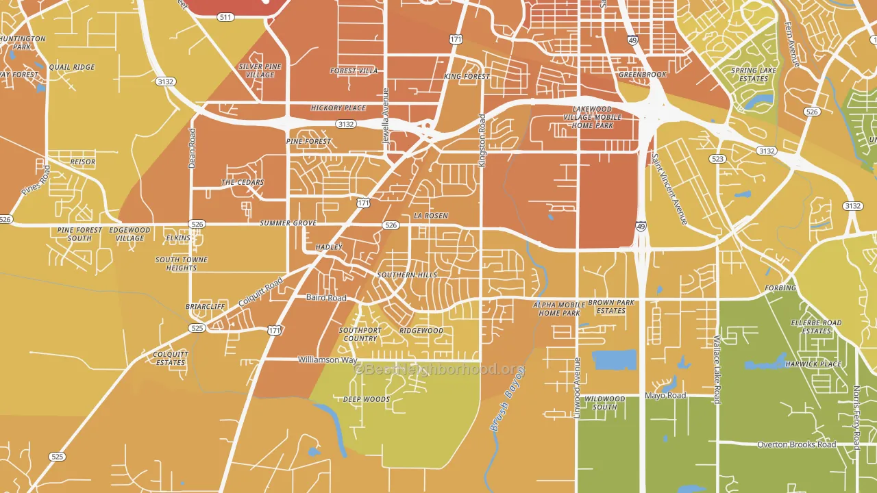 Map of the best neighborhoods in the Hyde Park-Brookwood-Southern Hills, Shreveport area, with better matches in green and worse matches in red
