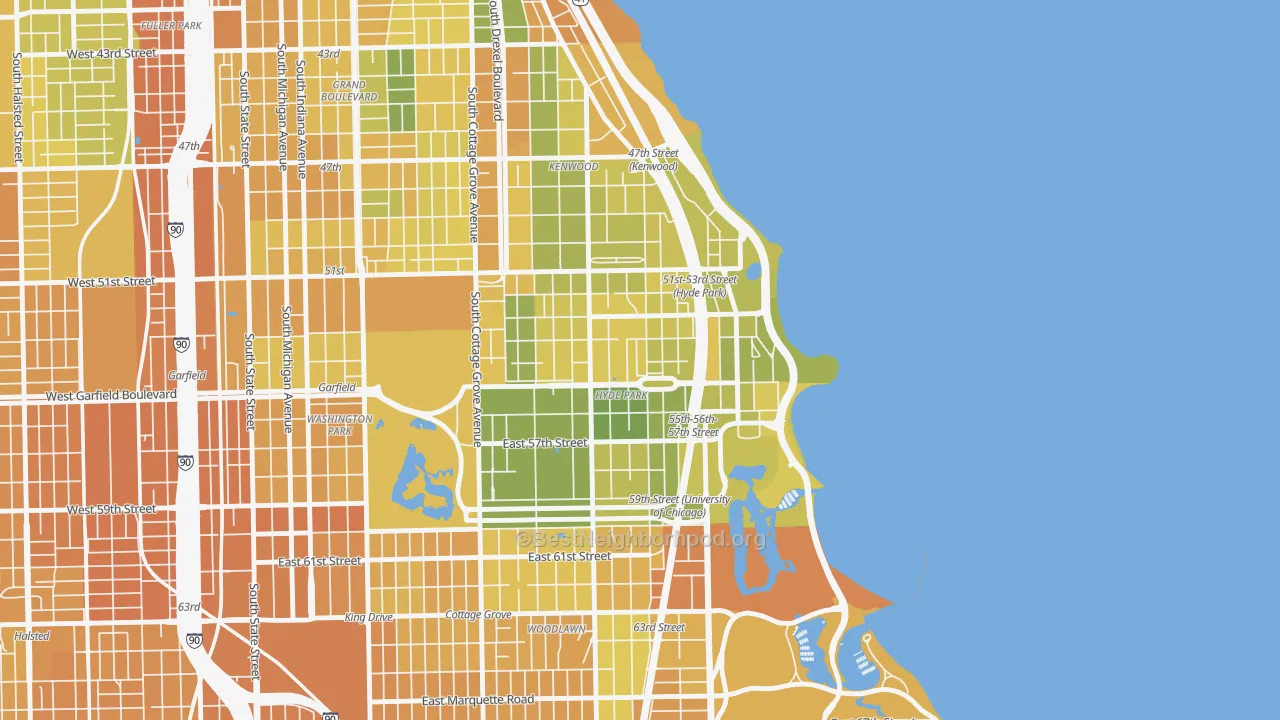 Map of the best neighborhoods in the Hyde Park, Chicago area, with better matches in green and worse matches in red