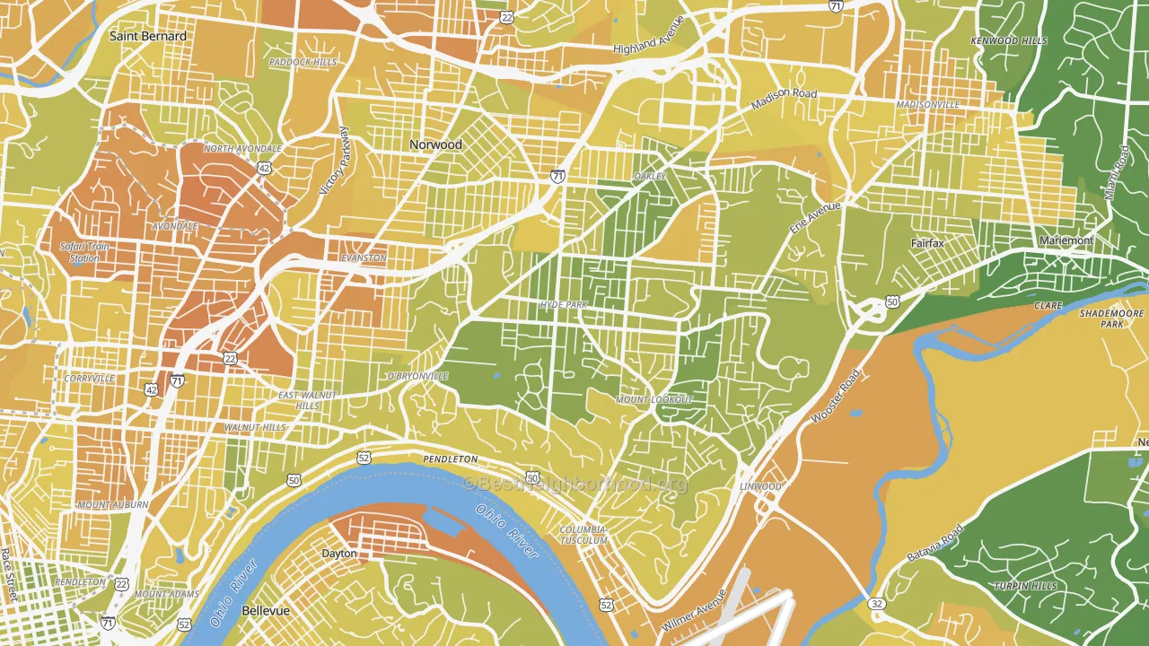 Map of the best neighborhoods in the Hyde Park, Cincinnati area, with better matches in green and worse matches in red