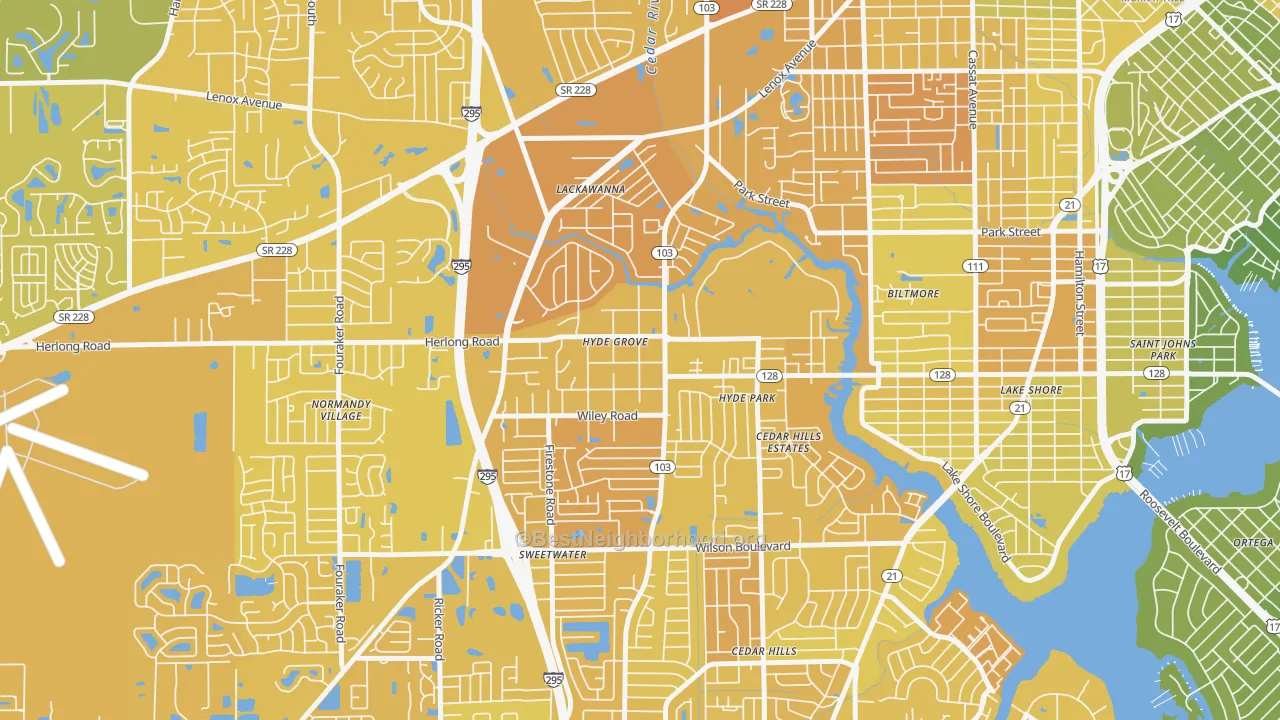Map of the best neighborhoods in the Hyde Park, Jacksonville area, with better matches in green and worse matches in red