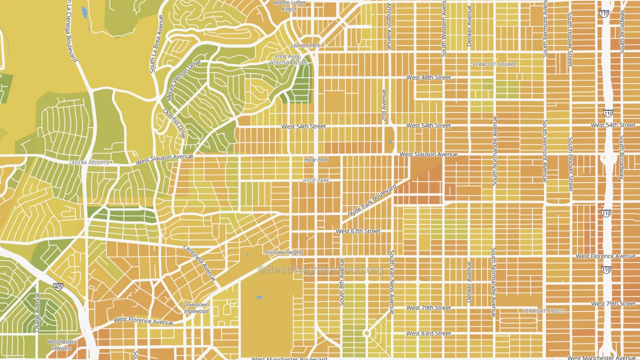 Map of the best neighborhoods in the Hyde Park, Los Angeles area, with better matches in green and worse matches in red