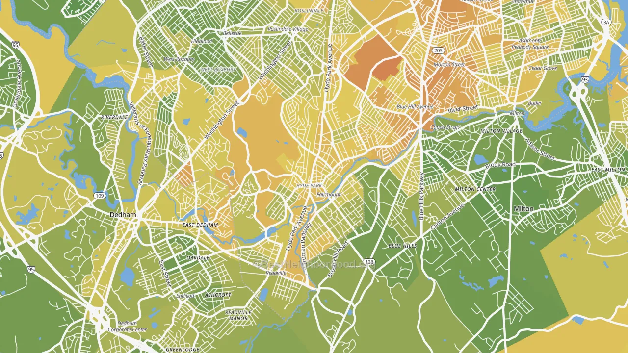Map of the best neighborhoods in the Hyde Park area, with better matches in green and worse matches in red
