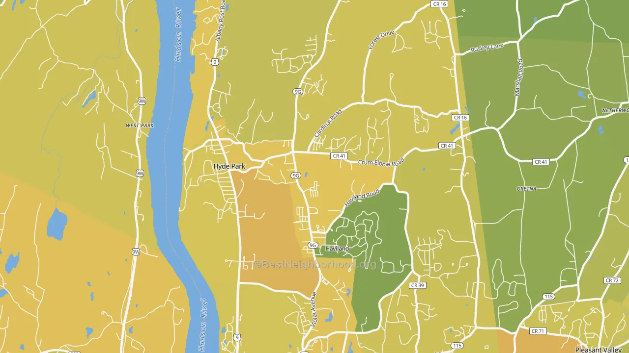 Map of the best neighborhoods in the Hyde Park area, with better matches in green and worse matches in red