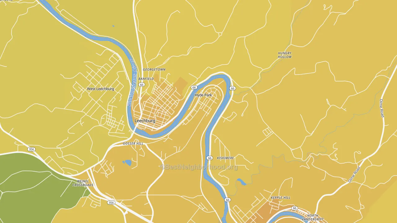 Map of the best neighborhoods in the Hyde Park area, with better matches in green and worse matches in red