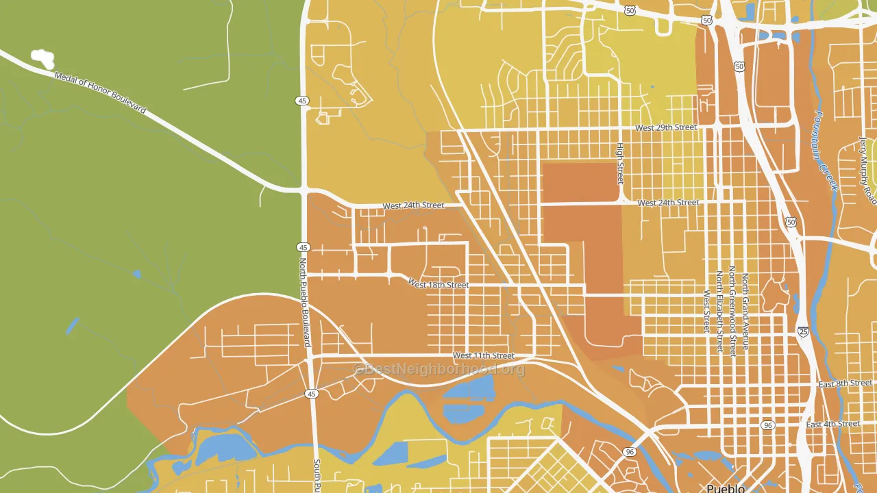 Map of the best neighborhoods in the Hyde Park, Pueblo area, with better matches in green and worse matches in red