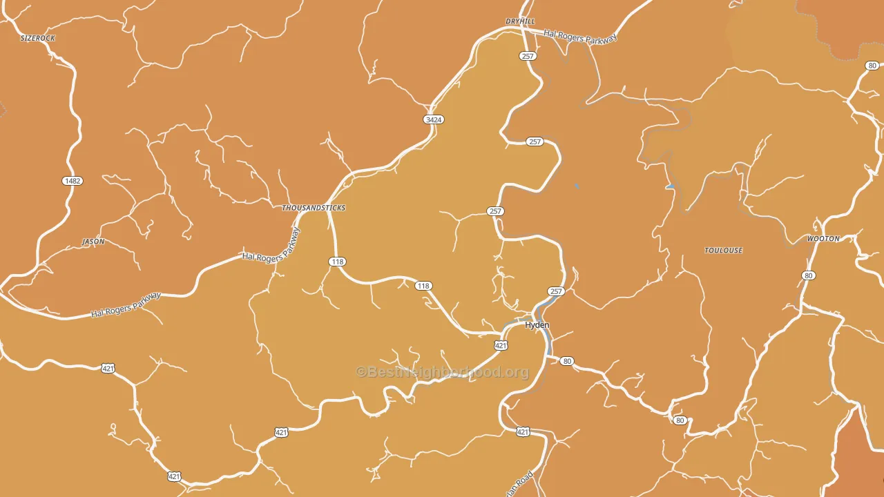 Map of the best neighborhoods in the Hyden area, with better matches in green and worse matches in red