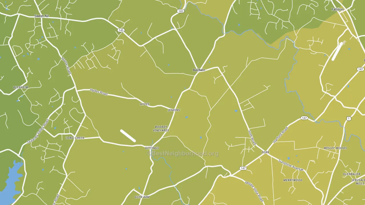 Map of the best neighborhoods in the Hydes area, with better matches in green and worse matches in red