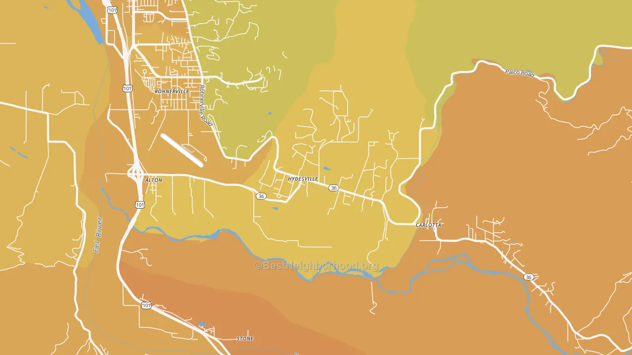 Map of the best neighborhoods in the Hydesville area, with better matches in green and worse matches in red