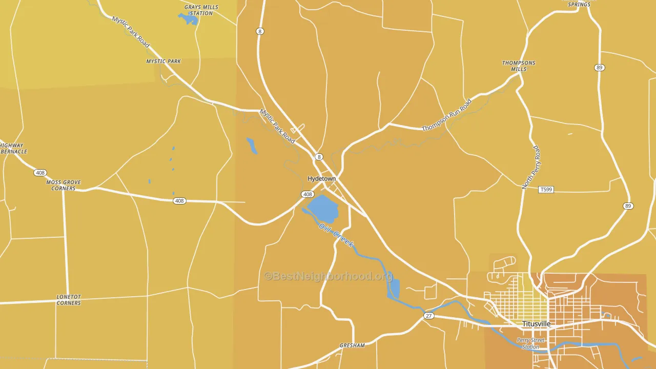 Map of the best neighborhoods in the Hydetown area, with better matches in green and worse matches in red