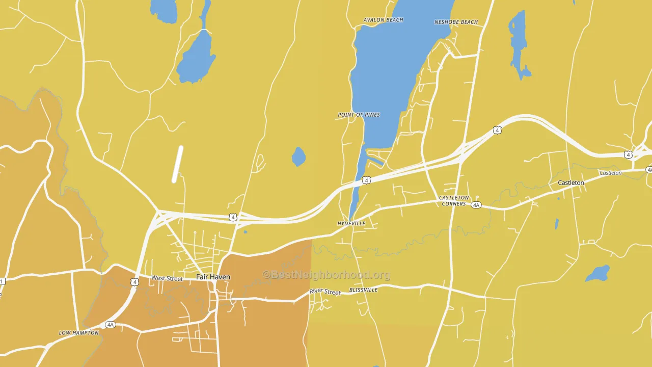 Map of the best neighborhoods in the Hydeville area, with better matches in green and worse matches in red