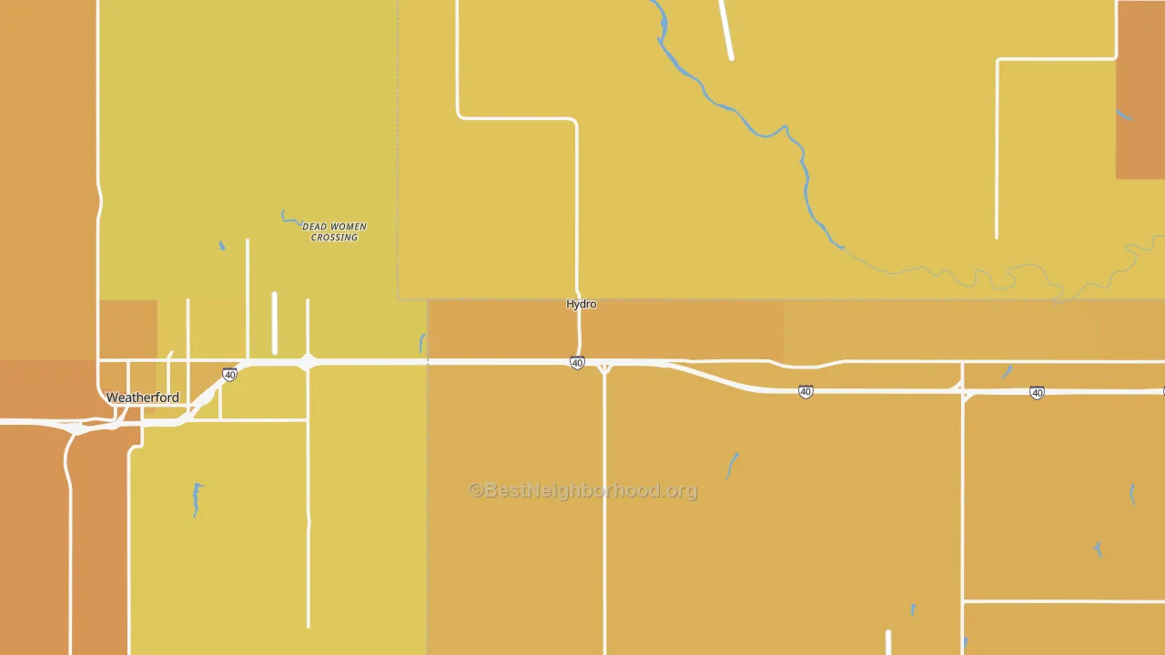 Map of the best neighborhoods in the Hydro area, with better matches in green and worse matches in red